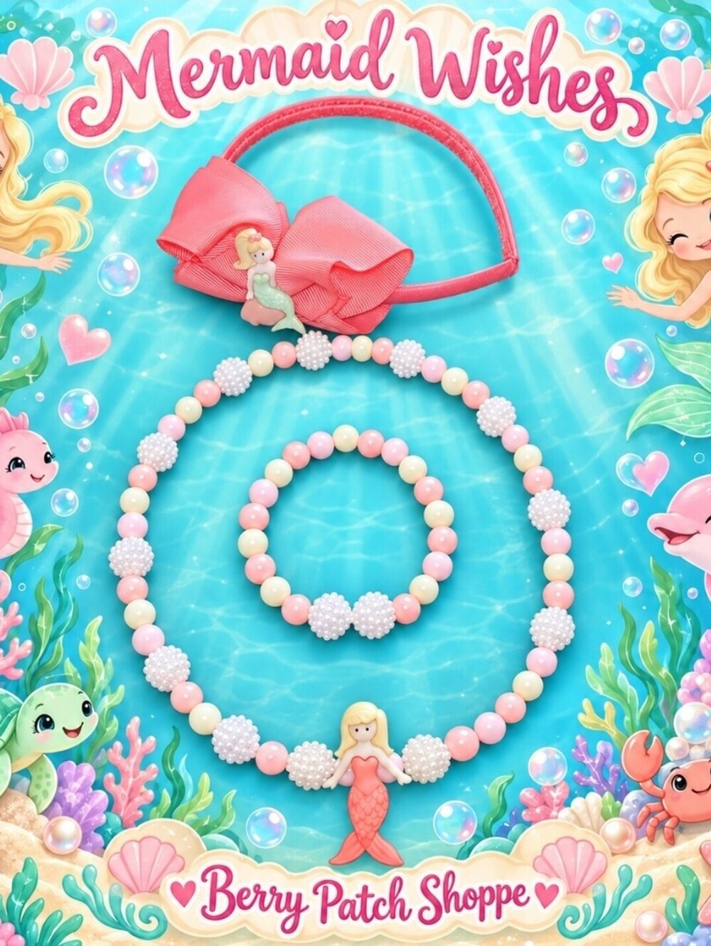Mermaid Wishes Coral Ivory Ppearl Blue Necklace Bracelet Jewelry Accessory Set